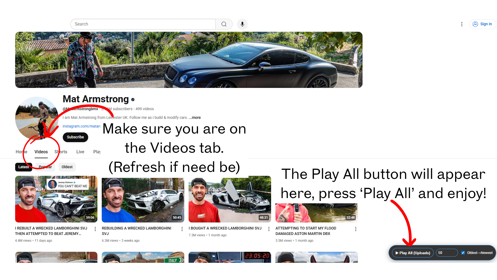 Extension adding Play All to YouTube uploads